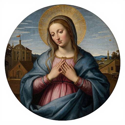 Photograph of a classical Renaissance painting depicting the Virgin Mary with a golden halo, hands in prayer, wearing a blue cloak over a pink dress, set
