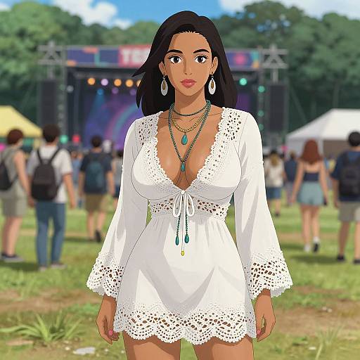 Digital drawing of a curvy, dark-haired woman in a white lace dress with deep neckline, green jewelry, standing in a sunny outdoor festival, people