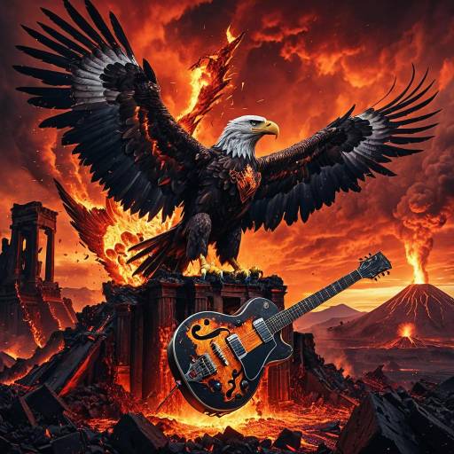 Mechanical Eagle Phoenix with Molten Guitar in Volcanic Eruption