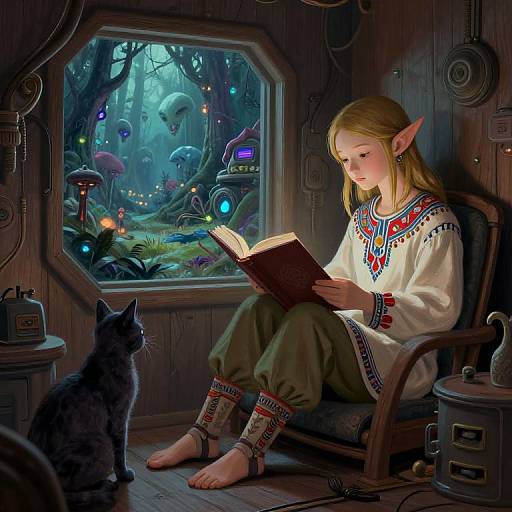 Digital fantasy art: Elven girl with pointed ears, reading book in wooden cabin, cat by window, glowing forest outside.
