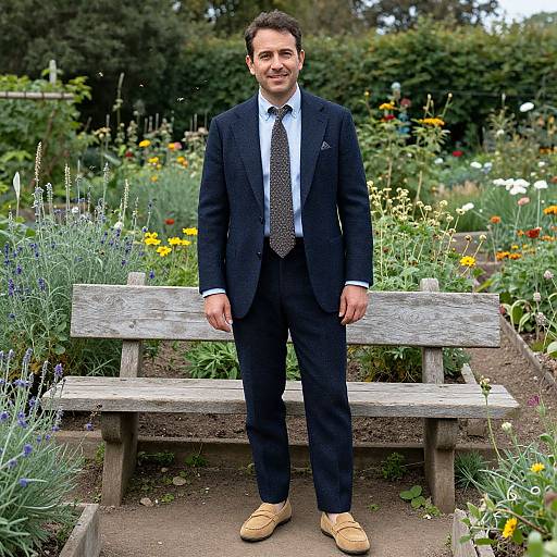 Photograph of a smiling man in a black suit, white shirt, black polka dot tie, and tan loafers, standing in a colorful,