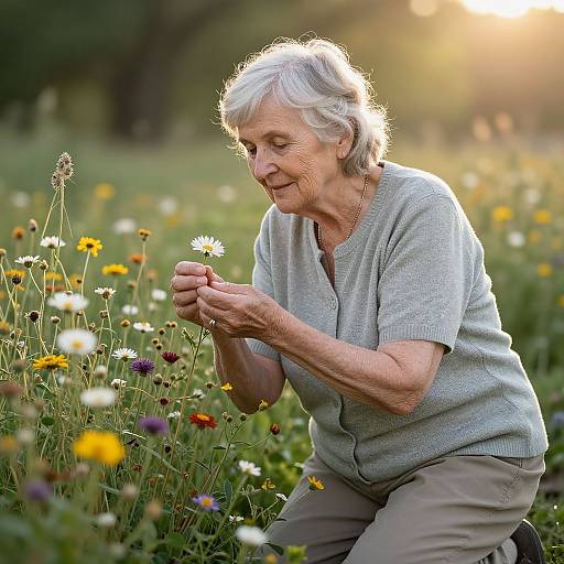 Elderly woman with short white hair, wearing gray shirt and beige pants, gently holding a daisy in a sunlit meadow. Photograph.