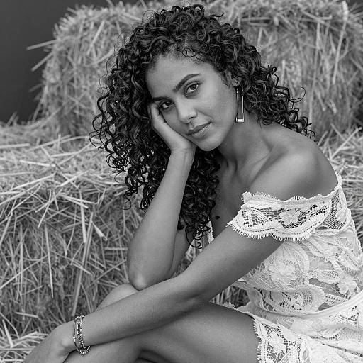 Woman with Curly Hair Sitting on Hay