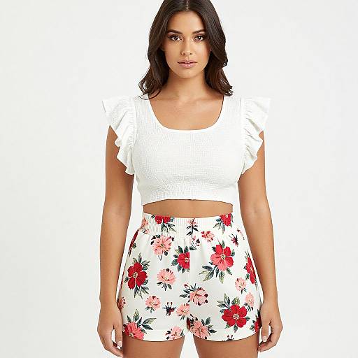 Photograph of a young woman with medium brown skin and dark brown hair, wearing a white crop top and white floral shorts, standing against a plain white