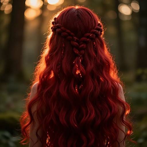 Photograph of a woman with long, wavy, red hair lit by sunset, featuring intricate braids at the crown, standing in a forest.