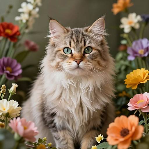 Photograph of a fluffy, long-haired tabby cat with green eyes, surrounded by colorful flowers including red, purple, yellow, and pink blooms.
