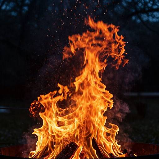 Vibrant photograph of a tall, bright orange fire with dynamic flames and sparks, set against a dark, night-time background.