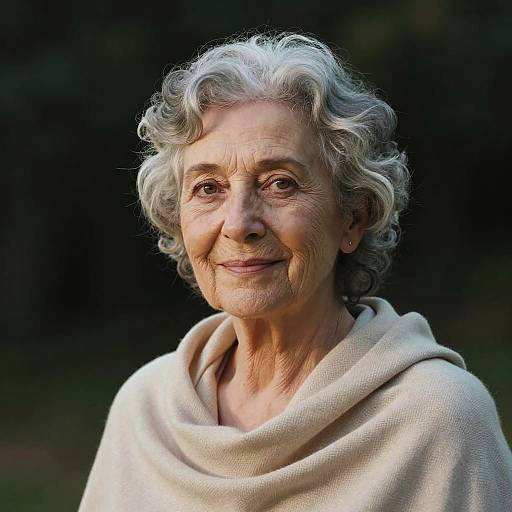 Photograph of an elderly woman with short, curly gray hair, wearing a beige shawl, smiling gently against a dark, blurred background.