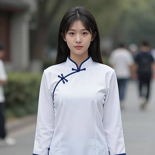 Photograph of a young Asian woman with long black hair, wearing a white traditional Chinese cheongsam with blue trim, standing in a blurred outdoor urban