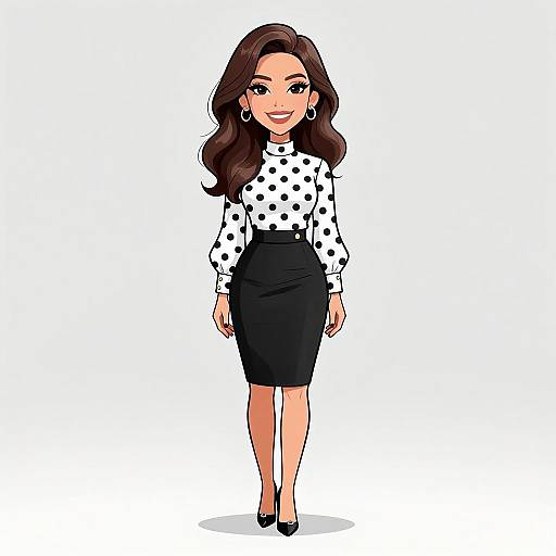 Digital illustration of a smiling woman with long brown hair, wearing a white polka dot blouse, black pencil skirt, black heels, and hoop earrings,