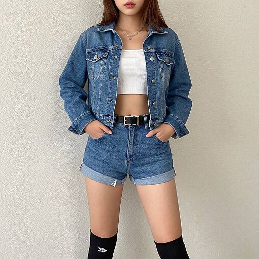 Young woman in denim jacket, white crop top, high-waisted shorts, black belt, black knee socks, hands in pockets, white wall background
