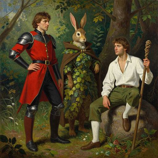 Photorealistic painting: Medieval knight in red and armor, white-shirted man with staff, and anthropomorphic rabbit in leafy cloak, forest setting