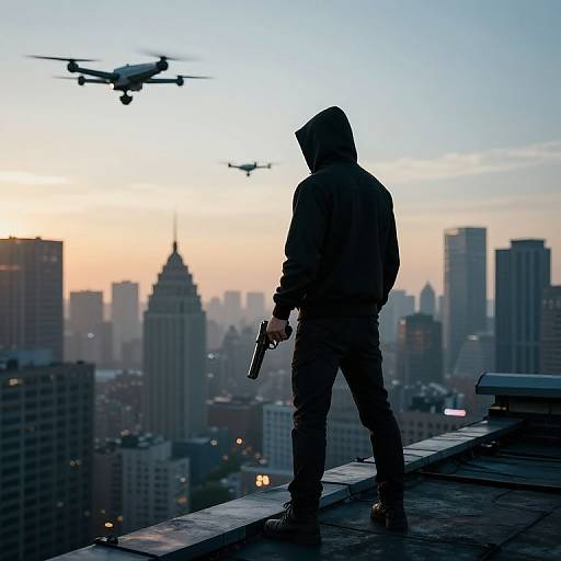 Silhouetted man in hooded jacket and jeans, holding gun, stands on rooftop, two helicopters in sky, cityscape at sunset.