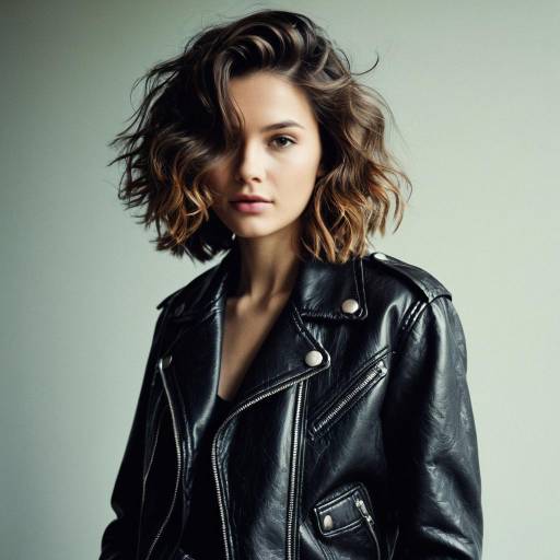 Fashion Model with Wavy Shag Hairstyle in Leather Jacket