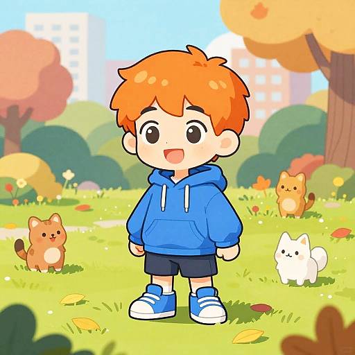 Cartoon-style drawing of a happy, red-haired boy in a blue hoodie and sneakers, standing in a vibrant autumn park with three cute, fluffy dogs