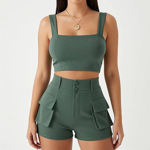 Photograph of a woman in a green, square-shoulder crop top and high-waisted, buttoned shorts with pockets, wearing a gold