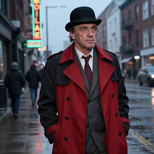 Photograph of a middle-aged man in a black bowler hat, red and black coat, gray suit, and maroon tie, standing on a