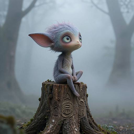 CGI fantasy image: A small, gray, big-eyed, furry creature with large ears sits on a moss-covered, intricately carved tree stump in