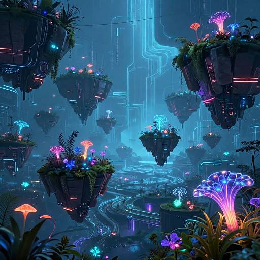 Digital art of a futuristic, neon-lit floating island forest with glowing mushrooms, bioluminescent plants, and intricate, blue circuitry-lined water