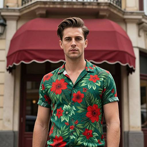 Photograph of a handsome, young Caucasian man with short brown hair, wearing a green floral shirt with red flowers, standing in front of a red aw
