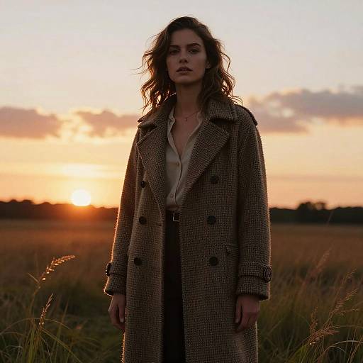 Photograph of a serious, wavy-haired woman in a brown houndstooth coat, standing in a grassy field at sunset.