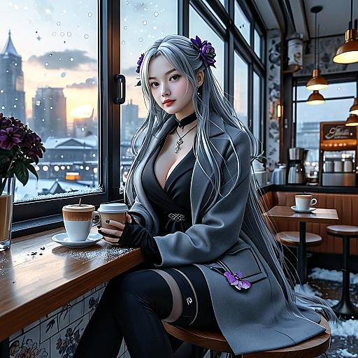Digital anime-style artwork of a beautiful, long-haired woman with purple flowers in her hair, wearing a gray coat and black gloves, sitting in a snowy