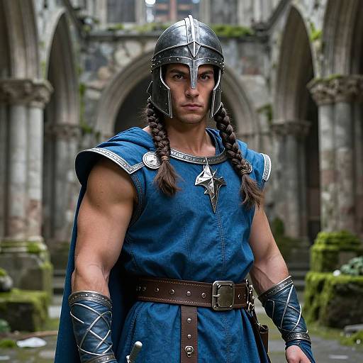 Photorealistic digital artwork of a muscular, serious-looking man in medieval armor, blue tunic, braided hair, helmet, standing in a moss