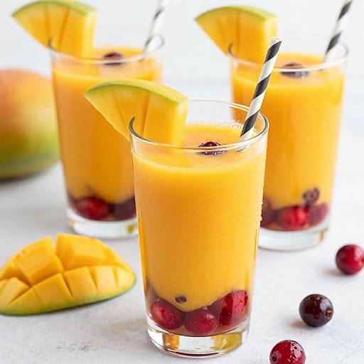 Photograph of three clear glasses filled with orange mango smoothies, garnished with halved mango slices, cherry halves, and striped straws.