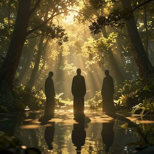 Silhouetted trio standing in sunlit, misty forest pond, sunlight beams through dense trees, casting reflections in still water. Photograph.