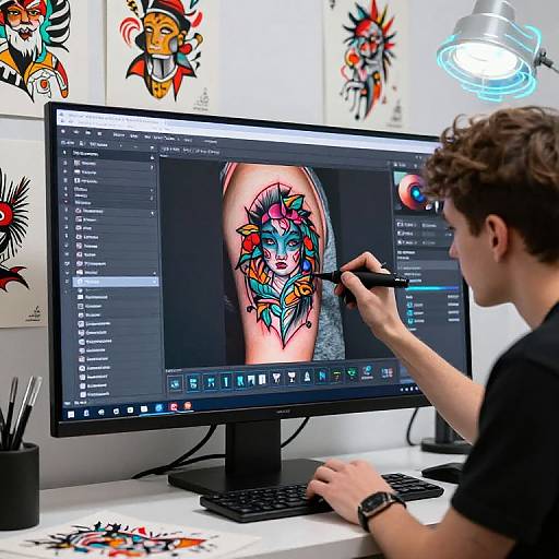 Photograph of a tattoo artist with curly brown hair, tattooing a colorful, abstract tattoo on a client's arm on a computer screen.