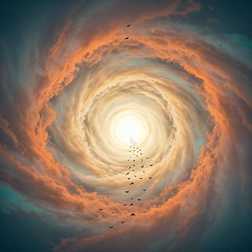 Photograph of a swirling, colorful storm cloud with a bright, glowing center, surrounded by vibrant orange, red, and blue clouds; numerous birds flying