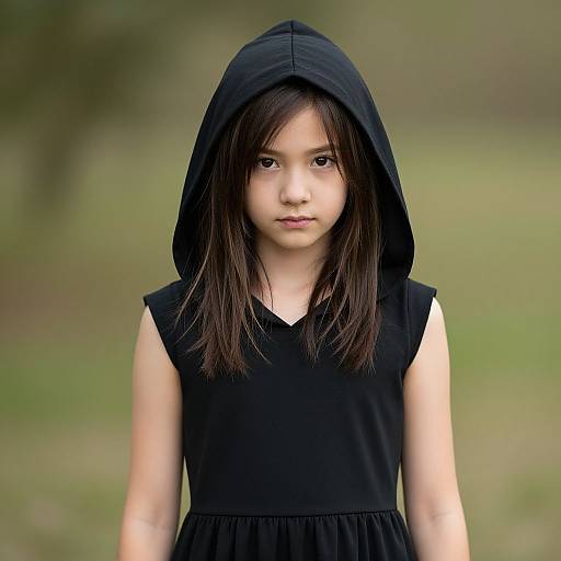 Photograph of a young Asian girl with straight black hair, wearing a black sleeveless dress and hooded top, standing outdoors with a blurred green background