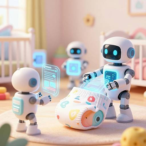 Photorealistic CGI of three white, cartoon-style robots with glowing blue eyes and screens, repairing a colorful, ribbed toy in a bright, sun