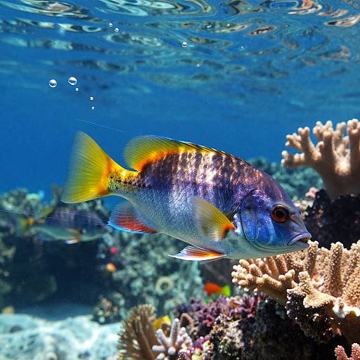 Vibrant photograph of a blue and yellow fish with orange stripes swimming above a colorful coral reef in a clear blue ocean.