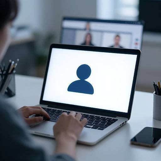 Photograph of person typing on laptop displaying a silhouette profile, with blurred background showing another laptop screen with faces.