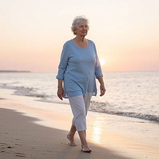 Photograph of an elderly woman with short, curly white hair, wearing a light blue top and white pants, walking barefoot on a sandy beach at