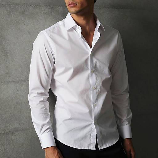 Photograph of a man with a medium build, light brown skin, wearing a crisp white button-down shirt, partially unbuttoned, against a textured