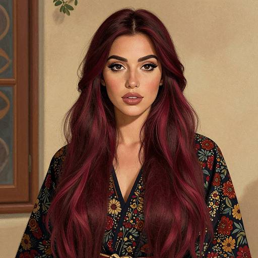 Digital portrait of a woman with long, wavy burgundy hair, floral-patterned black top, and neutral makeup, standing against a beige wall with