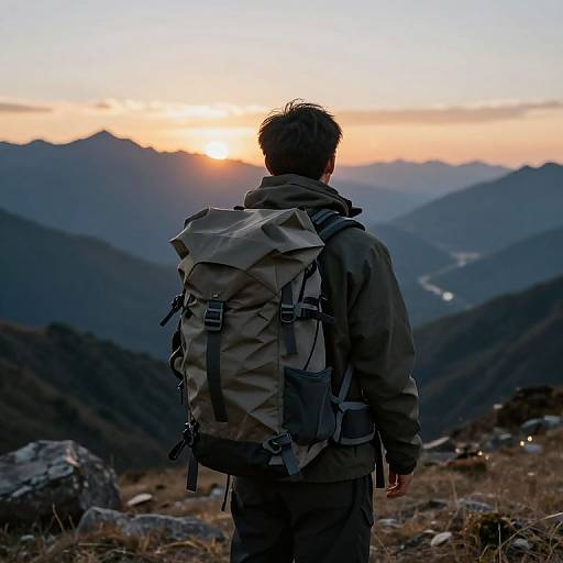 Photograph of a man with a large beige backpack standing in a rocky mountain meadow, facing a sunset over distant, layered mountains.