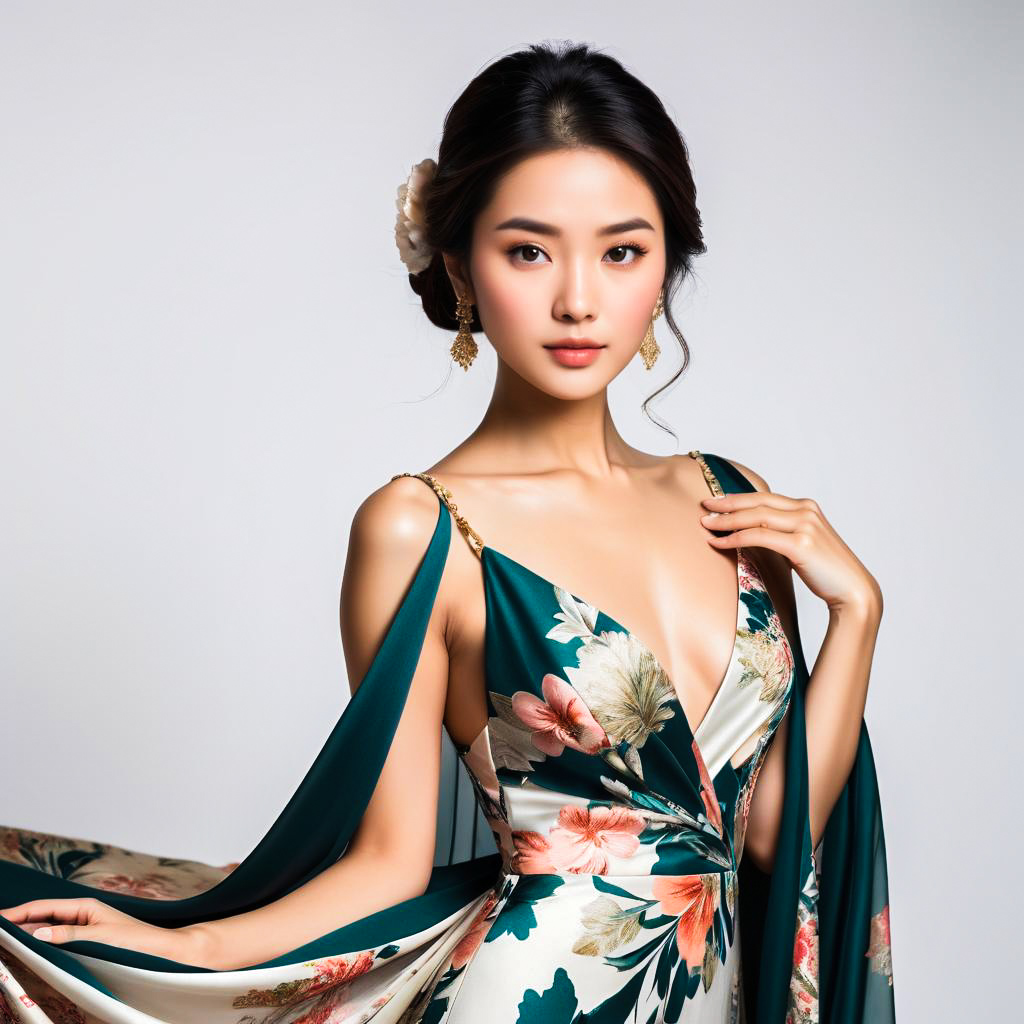 Elegant Asian Woman in Floral Gown