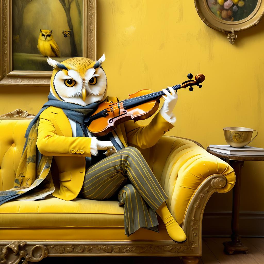 Serene Owl Playing Violin on Couch