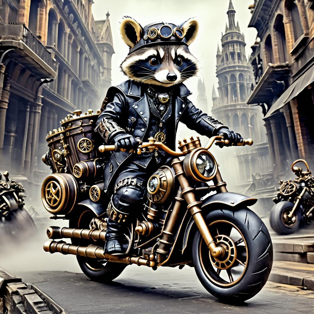 Steampunk Raccoon on Gothic Motorbike