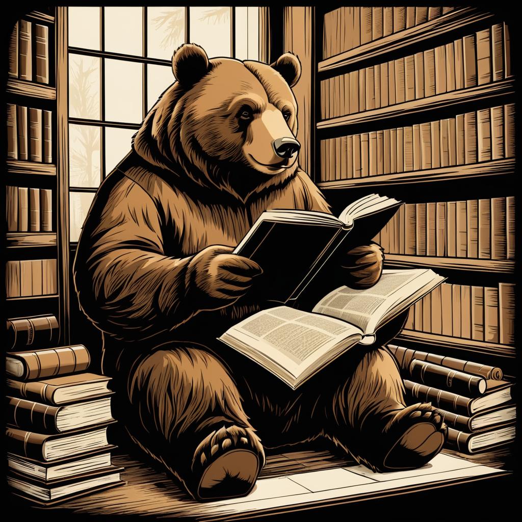 Vintage Bear Reading in a Library