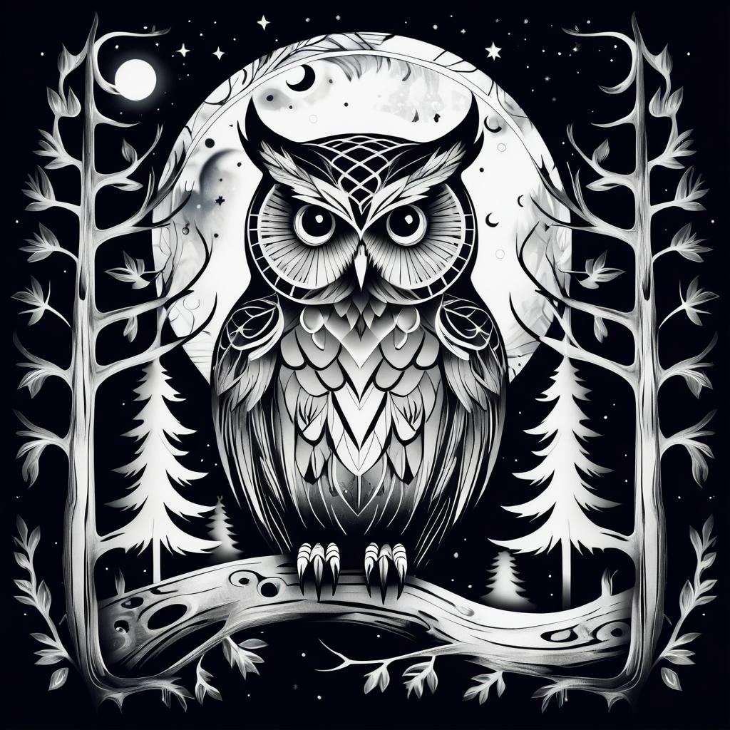 Surreal Owl Tattoo Design with Moonlit Forest