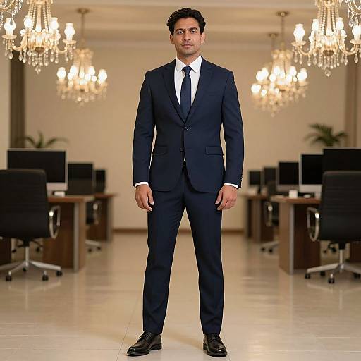 Photograph of a young, dark-haired man in a black suit, white shirt, and black tie standing confidently in a luxurious office with chandeliers