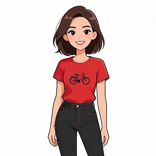 Anime-style digital drawing of a smiling young woman with short brown hair, wearing a red bicycle-themed t-shirt and black pants.