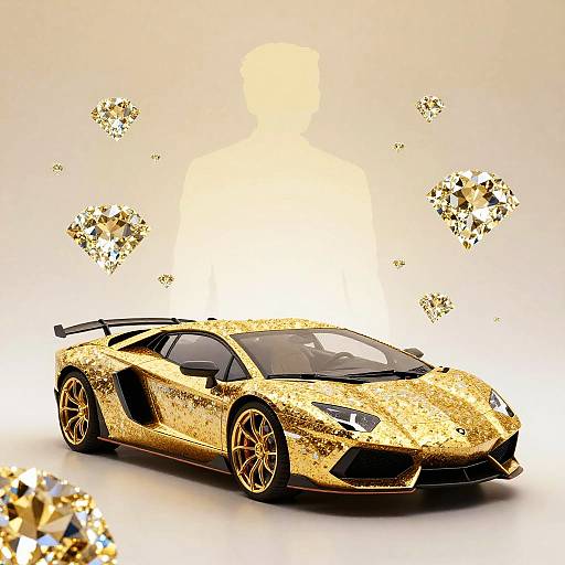 Photorealistic digital image of a glittering gold Lamborghini sports car with sparkling diamonds floating around it, set against a bright, sunlit background.