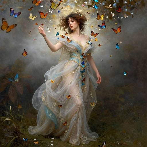 Digital painting of a fair-skinned woman with curly brown hair, wearing a flowing, white, sheer dress with gold accents, surrounded by colorful butterflies,