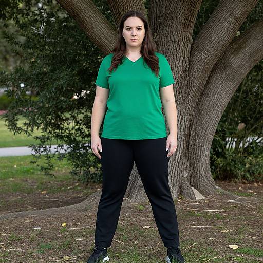 Photograph of a confident, fair-skinned woman with long brown hair, wearing a green V-neck top and black pants, standing in front of a