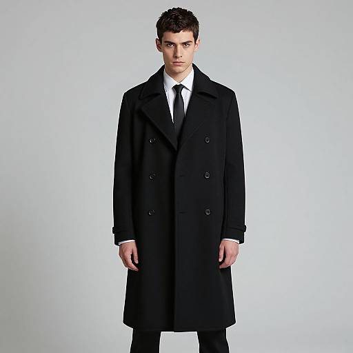 Photograph of a young, serious-looking man with short dark hair, wearing a black double-breasted coat, white shirt, and black tie, standing